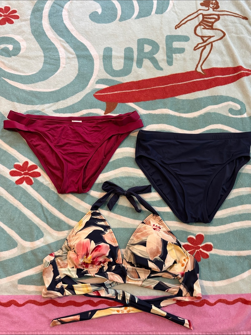 Kona Sol Floral Halter Bikini Top with Navy and Berry Bottoms